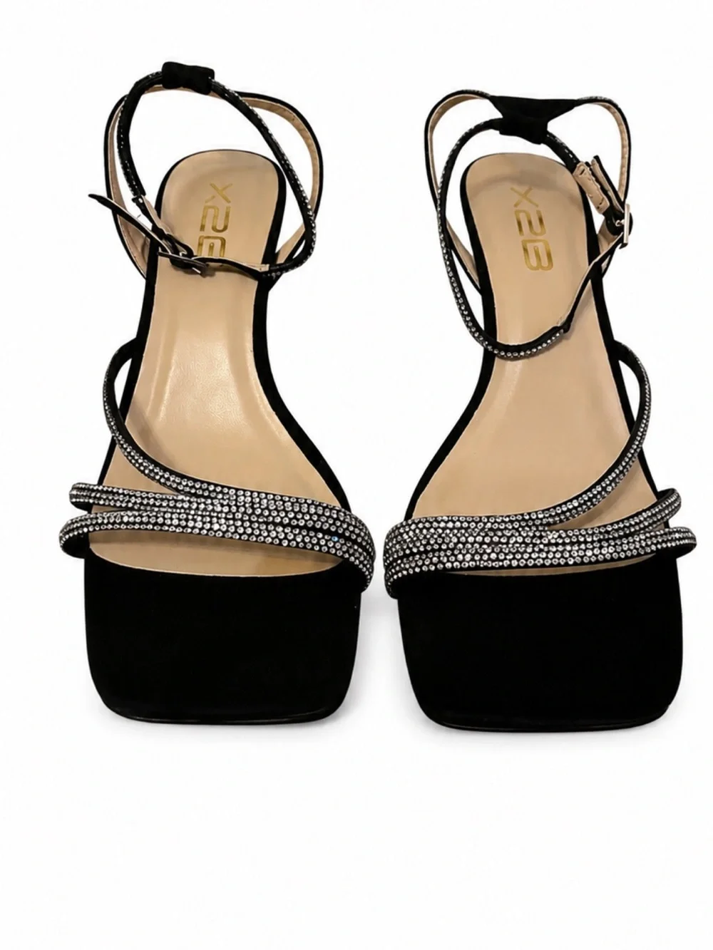 X2 Black Crystal-Strap Heeled Sandals
